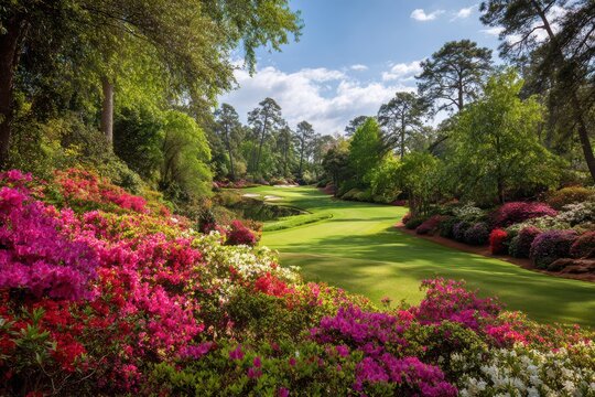 Lush Augusta Golf Course with Vibrant Azaleas and Pristine Greens.