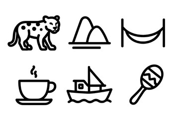 Black Brazil icon set with 6 nature and culture symbols. Perfect for travel branding, souvenirs, and tourism design projects © VectorGomes