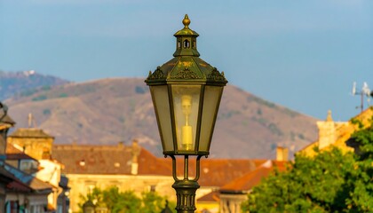 Old lamppost, mountains, cityscape