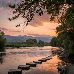 serene sunset river scene with stepping stones
