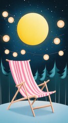 Beach Chair Under a Bright Yellow Moon Surrounded by Twinkling Lights in a Starry Night Sky