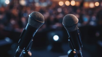 Keynote speech setup  two microphones on a podium before a diverse audience in a dark venue