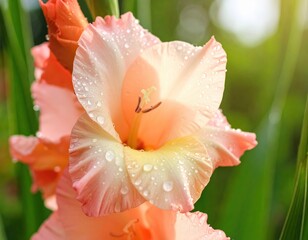 Close-up of fresh pink gladiolus with dew drops in sunlight