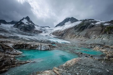 Melting glacier with turquoise meltwater pools under overcast sky.