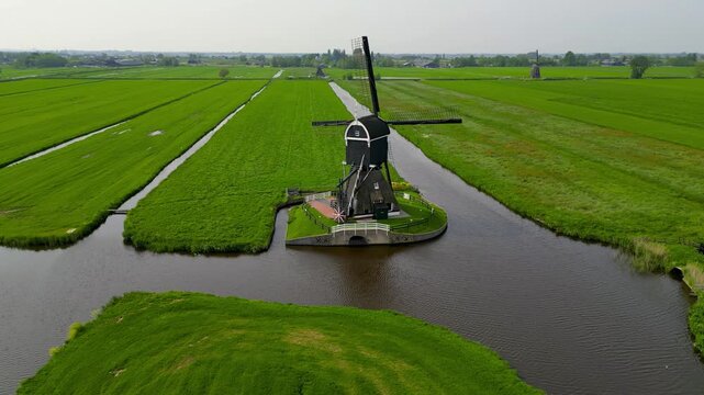 Aerial view of Oude Weteringmolen is a hollow post wind mill built in 1751.