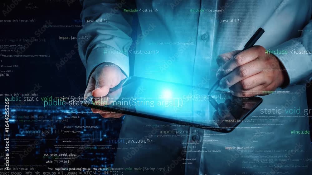 Poster a programmer interacts with a tablet, writing code while surrounded by abstract digital elements and