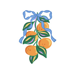 Bunch of tangerines with green leaves tied with blue ribbon. Hand drawn vector illustration isolated on white background. Citrus fruit harvest. Design for poster, greeting card, invitation, postcard