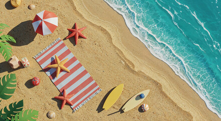 top view of paper beach with starfishes, towel, umbrella and surfboard on sand near sea