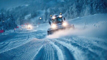 Snow Groomer at Night on Ski Slope