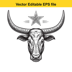 Bull head with long curved horns and a star above, isolated on white background