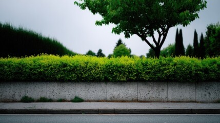 Urban hedge and tree behind concrete fence