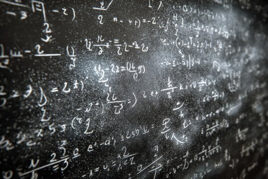 Macro Close-Up of Complex Mathematical Formulas on a Dusty Blackboard. - Powered by Adobe