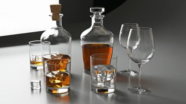 Elegant crystalware with whiskey and water in soft studio light still life presentation