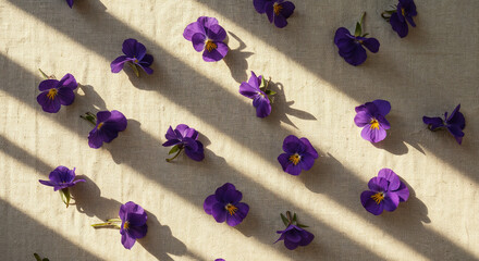 top view of violet and purple flowers on white background