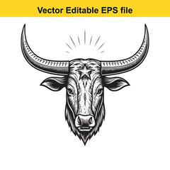 Detailed illustration of a bull head with long horns, isolated on white background