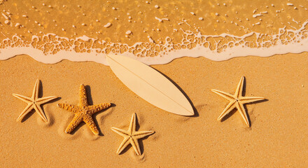 top view of paper beach with starfishes and surfboard on sand near sea