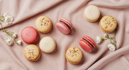 top view of delicious French macaroons on pink background with copy space, panoramic shot