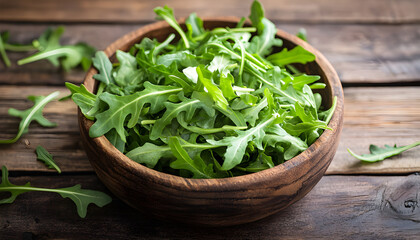 Fresh ripe green arugula leaves on wooden table, closeup. Space for text