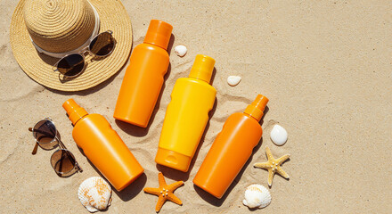 top view of sunscreen products in bottles on beige background