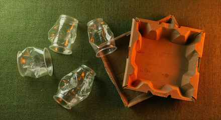 top view of crumpled plastic cups and cardboard container on green background with copy space
