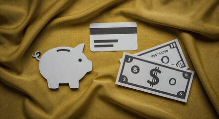 top view of colorful paper icons of piggy bank, credit card, dollar banknote isolated on yellow