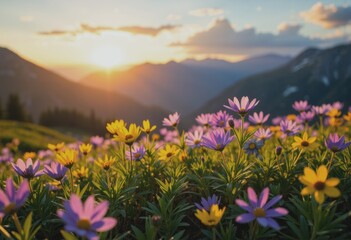 Obraz premium Woman sitting in an alpine meadow surrounded by vibrant summer flowers