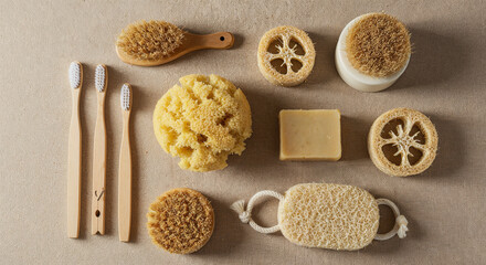 top view of wooden clothespins, toothbrushes, bath sponge, natural soap and loofah on beige