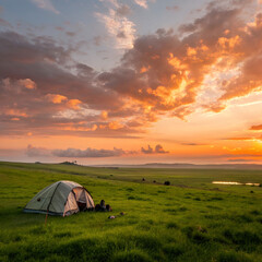 sunset over grassy plain with small tent