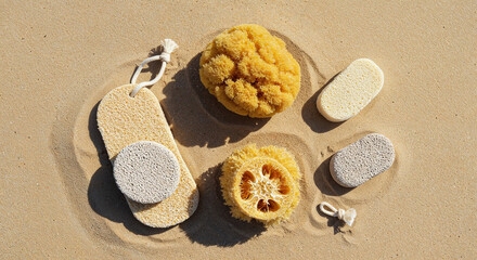 top view of natural bath sponge near loofahs and pumice stone on beige background