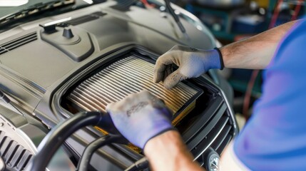A mechanic replaces an air filter in a car engine. The mechanic wears blue gloves and a blue shirt, focusing on the task at hand.