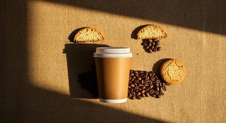 top view of coffee beans with paper cup and cookies lay out in form of face