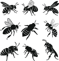 Bee silhouette bundle set vector with white background

