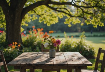 Fototapeta premium Senior couple's outdoor space with a rustic table and vibrant flowers