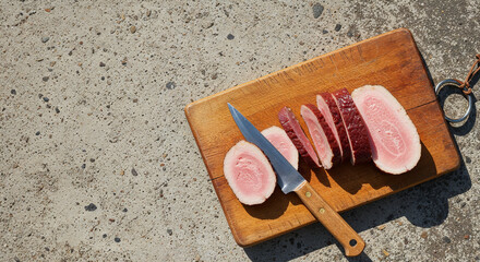 top view of brown wooden chopping boards on weathered grey background