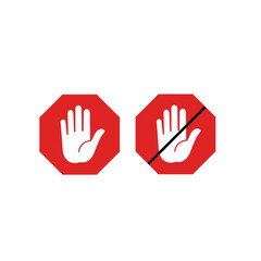 Fototapeta premium Red Stop Sign with Hand Graphic Symbolizing No Entry and Prohibition Featuring Simple Bold Lines and Shapes on a White Background Signifying Restriction and Control
