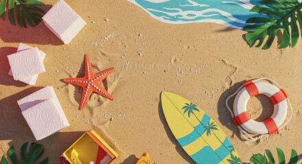 top view of paper beach with starfishes, towels, surfboard and lifebuoy on sand
