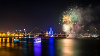 Cityscape fireworks nighttime river - Powered by Adobe