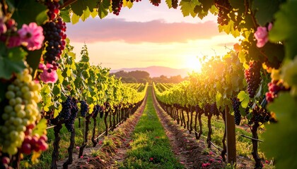 Fototapeta premium Elegant Vineyard Greeting Card Design with Floral Embellishments and Calm Dusk Scene for Romantic and Seasonal Celebrations