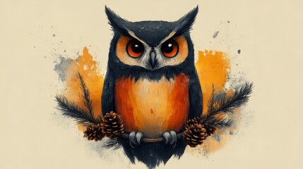 Create a Bauhaus-style owl with three eyes, carrying pine cones in its talons. The owl should be part of a minimalist heraldic crest, symbolizing wisdom and knowledge. Focus on abstraction, geometric 