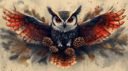 Create a Bauhaus-style owl with three eyes, carrying pine cones in its talons. The owl should be part of a minimalist heraldic crest, symbolizing wisdom and knowledge. Focus on abstraction, geometric 