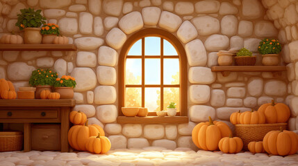 Halloween craft ideas, Cozy autumn room with pumpkins and plants by stone window showing warm light perfect for halloween craft ideas