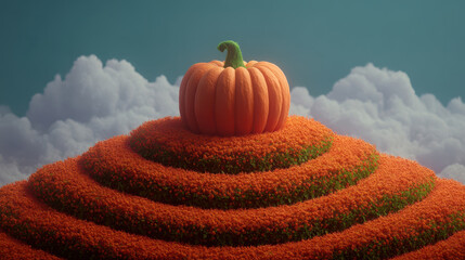 Halloween craft ideas, Pumpkin on layered orange flower hill with cloudy sky creates calm halloween craft ideas scene