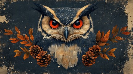 Create a Bauhaus-style owl with three eyes, carrying pine cones in its talons. The owl should be part of a minimalist heraldic crest, symbolizing wisdom and knowledge. Focus on abstraction, geometric 