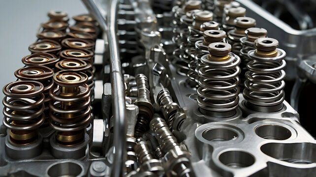 Close up view of a car engine cylinder head with valve springs and other internal components visible clearly