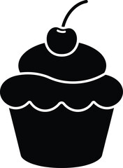 Cupcake silhouette illustration, cherry on top vector, dessert clipart, black and white design, wavy frosting cupcake icon, sweet bakery treat graphic