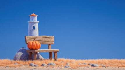 Halloween craft ideas, Halloween pumpkin placed on wooden bench near lighthouse with dry grass and clear blue sky for craft ideas