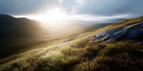 Sunlit mountain landscape with rolling hills and grassy terrain