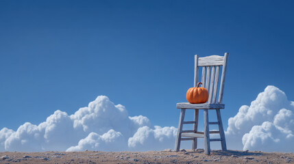 Halloween craft ideas, Halloween pumpkin craft ideas with bright blue sky and white clouds behind rustic wooden chair outdoors