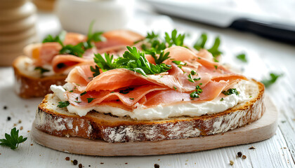 Bread with smoked bacon and cream cheese.