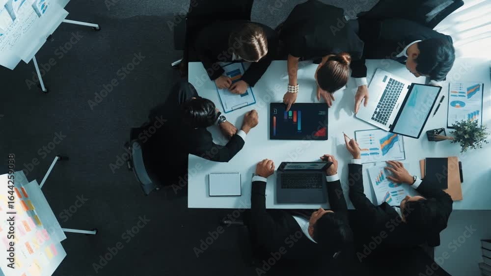 Poster top view of businesswoman bring financial statistic graph during meeting. time lapse of smart manage